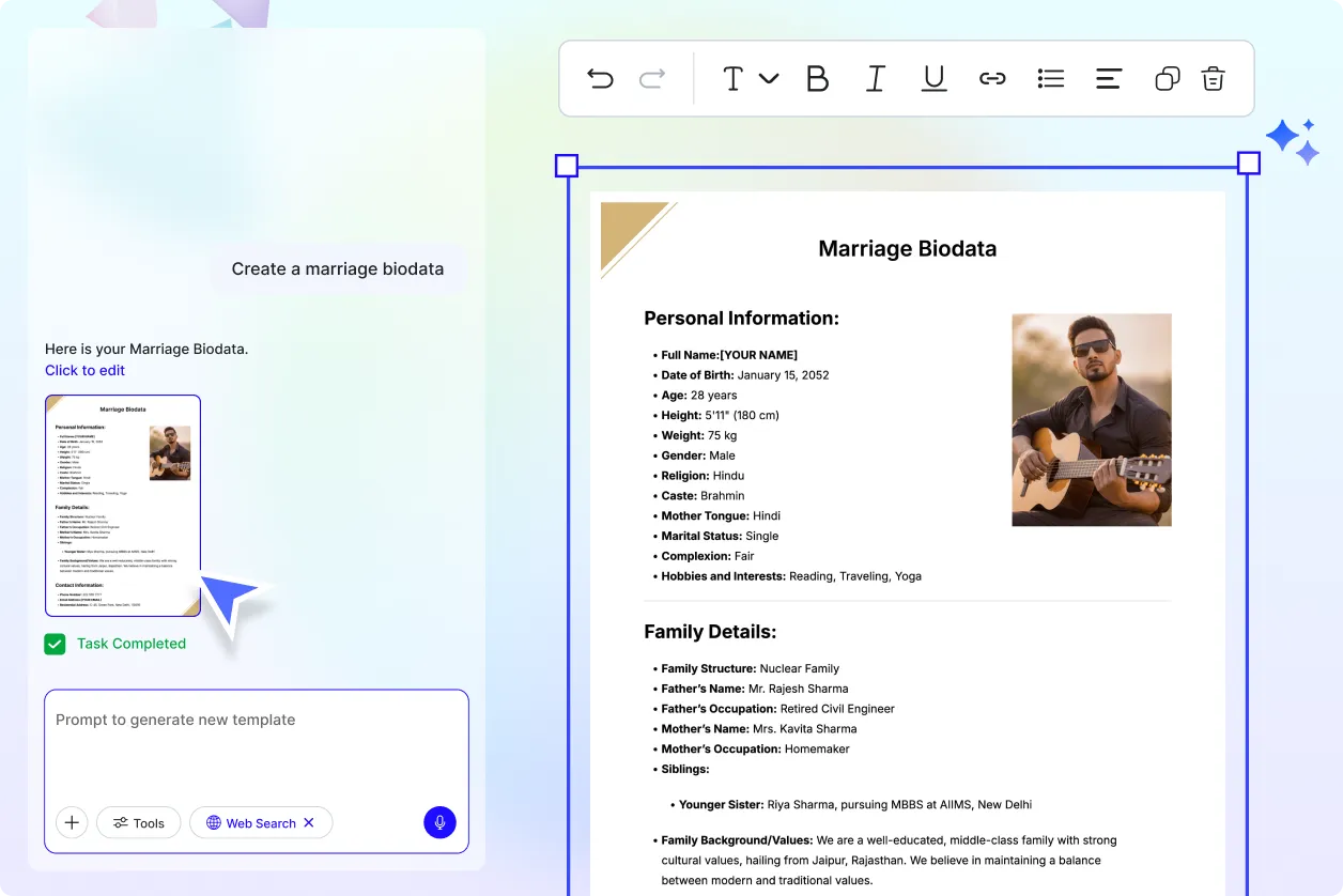 Free AI Marriage Biodata Generator, Elegant Matrimonial Profiles Maker Online Free AI Marriage Biodata Generator, Elegant Matrimonial Profiles Maker Online